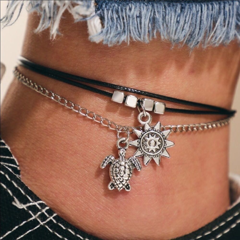 Silver Black Multi Charm Sun, Sea Turtle, Beads Anklet Set